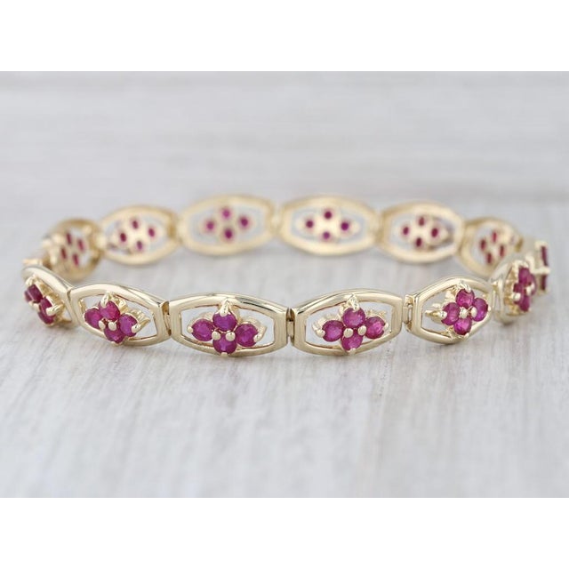 4ctw Ruby Flower Tennis Bracelet 14k Yellow Gold 7.25" 7.5mm For Sale - Image 4 of 9