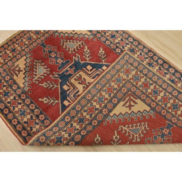 Kazak Rug 4’1” X 6’4” Red Wool Tribal Hand-Knotted Oriental Carpet For Sale - Image 11 of 12