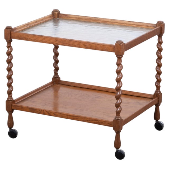 Brown English Tea Bar Cart in Oak with Twisted Legs and Glass Top, 1950s For Sale - Image 8 of 8