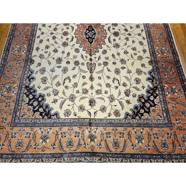 Ivory Vintage Tabriz Rug, Hand-Knotted Wool, Floral Medallion Pattern, Ivory & Terracotta, 9x13 For Sale - Image 8 of 13