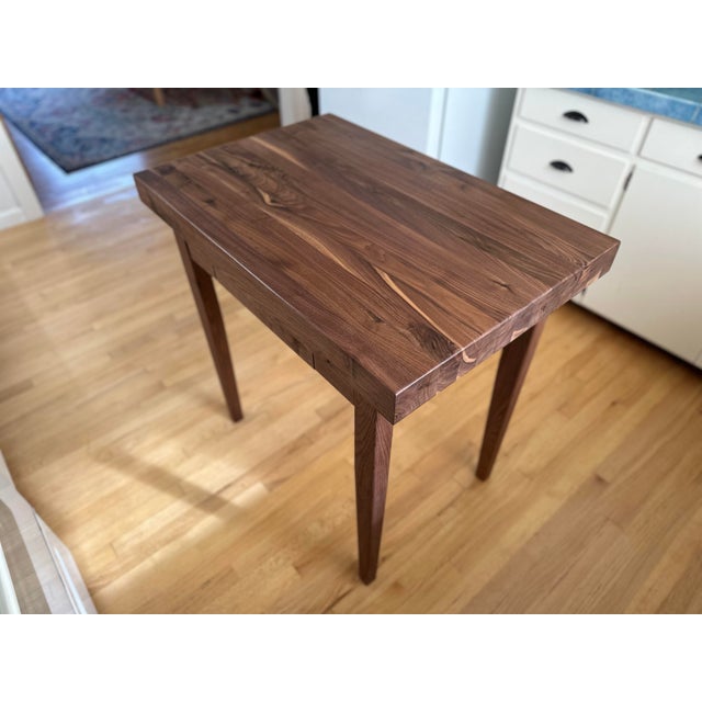Coffee Solid 3” Thick Walnut Kitchen Table, Dovetailed Drawer, Towel Bar and Tapered Legs For Sale - Image 8 of 9
