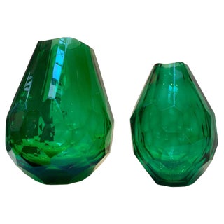 Italian Green Cristal Handmade Cut Vases from Simoeng, Set of 2 For Sale