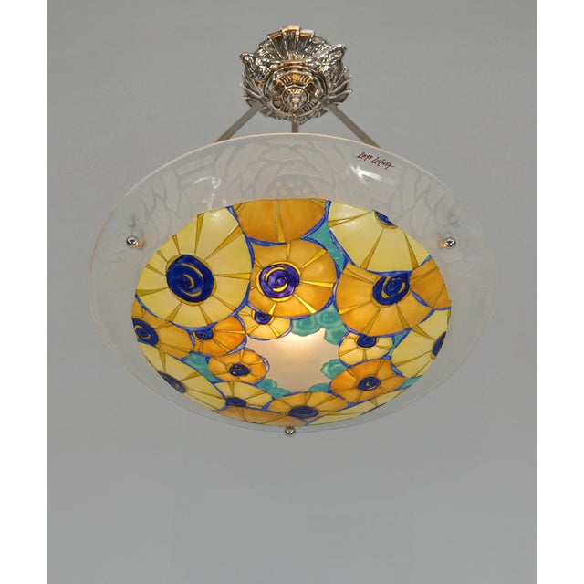 Metal Loys Lucha French Art Deco Pendant Light 1930s - Yellow Blue Geometric Floral Bowl For Sale - Image 7 of 14