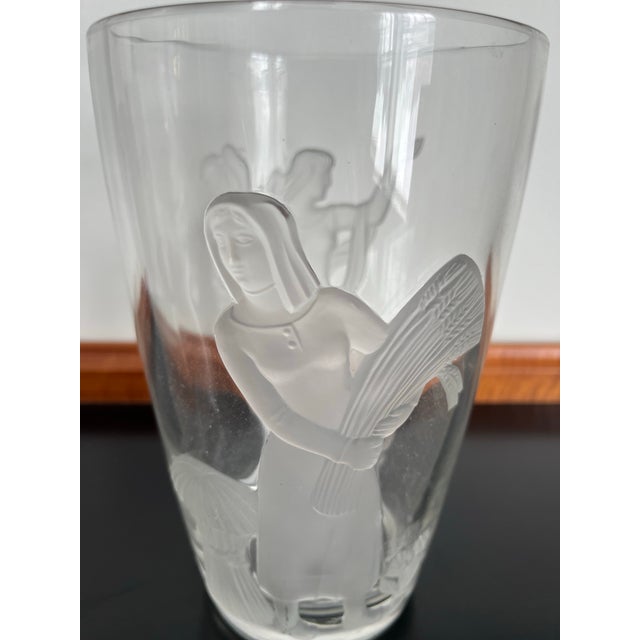Transparent 1940 Verlys Raised Seasons Art Deco Frosted Glass Vase Signed Carl Schmitz Verly For Sale - Image 8 of 11