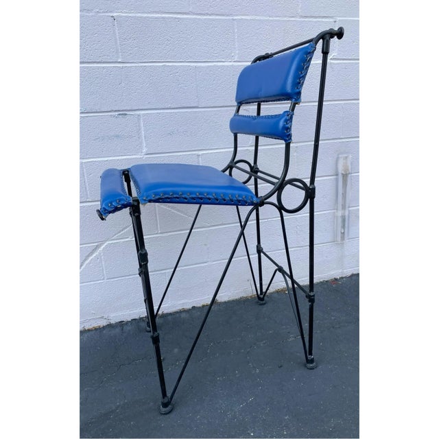Ilana Goor Chic Vintage Mid-Century Ilana Goor Style Counter Height (36” High Counter) Iron Stools - A Pair -in Blue Faux Leather For Sale - Image 4 of 12