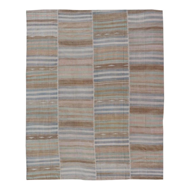 Vintage Turkish Kilim Rug With Multicolored Stripes and Subtle Pastel Tones 9'5"x12'5" For Sale