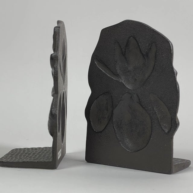 Vintage Art Nouveau Style Japanese Cast Iron Iris Flower Bookends For Sale - Image 4 of 7