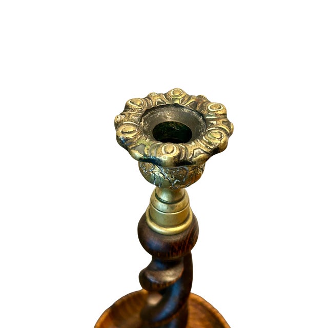 Wood Antique English Oak Barley Twist Candlestick With Brass Bobeche | Victorian–Edwardian Candle Holder | English Country Decor For Sale - Image 7 of 9