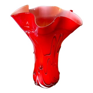 Vibrant Red Art Glass Vase Black Graphic Swirls With Wavy Rim For Sale