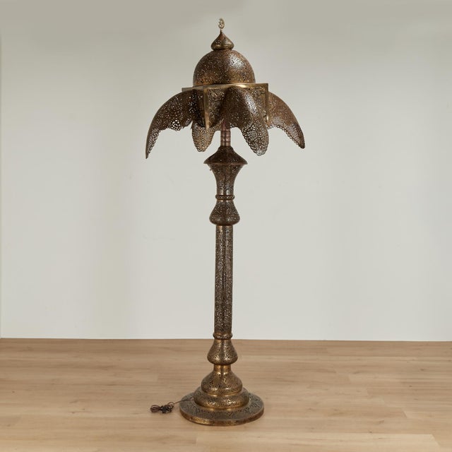 Moroccan Antique Moroccan Perforated Brass and Copper Floor Lamp For Sale - Image 3 of 15