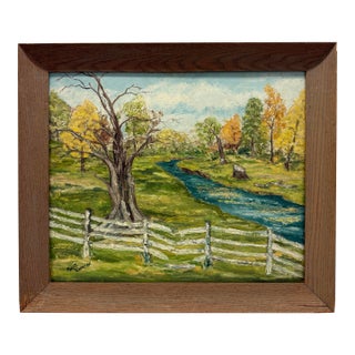 1970s Landscape Painting of River Beside a Tree & a White Broken Picket Fence, Signed Mary J. Kinderman For Sale