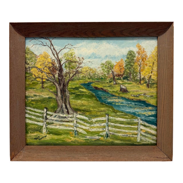 1970s Landscape Painting of River Beside a Tree & a White Broken Picket Fence, Signed Mary J. Kinderman For Sale