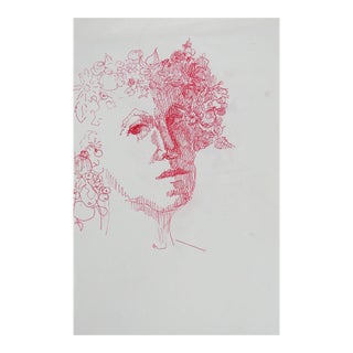 Vintage Portrait Flower & Fruit Garland Red Pen & Ink Drawing For Sale
