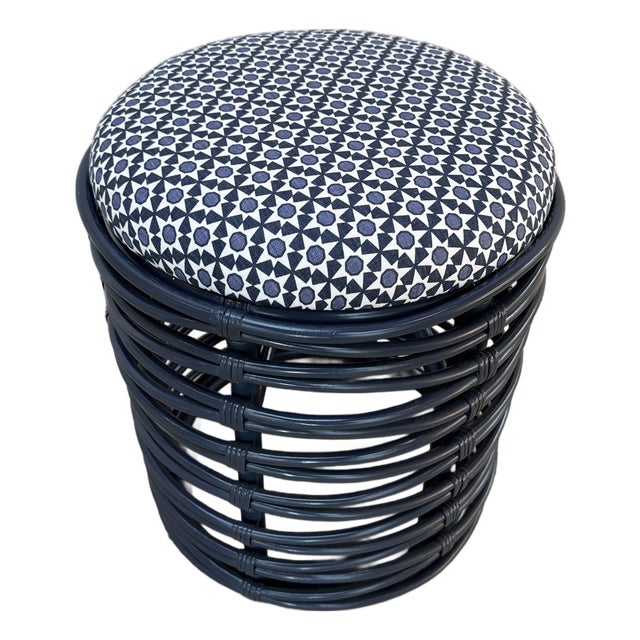 Custom Blue Rattan Stool/Ottoman With Schumacher Fabric Cushion For Sale