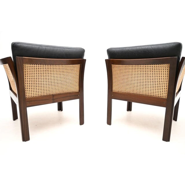 1960s Vintage Danish Leather and Cane Chairs by Illum Wikkelso for CFC Silkeborg, 1960, Set of 2 For Sale - Image 5 of 11