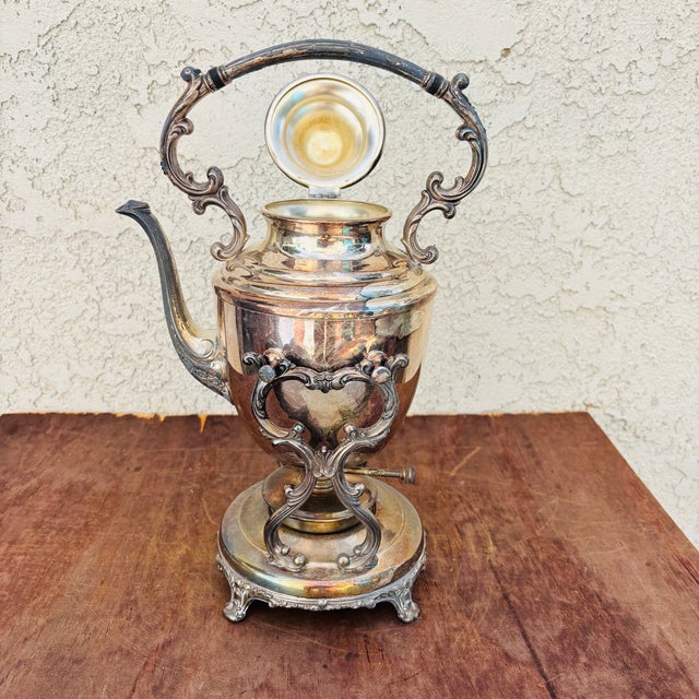 1900 - 1909 Early 1900s Silver Plated Teapot Kettle on Stand With Burner For Sale - Image 5 of 16