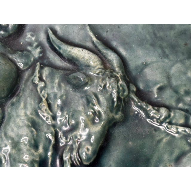 Pair Arts & Crafts Ceramic Relief Plaques Children With Goat & Children With Satyr & Dog c.1909 Attributed to Reginald Robert Tomlinson For Sale - Image 15 of 18