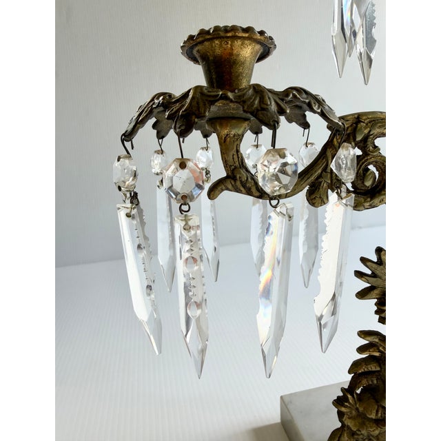 Antique Brass Victorian Couple 3 Arm Girandole Candlestick With Marble Base & Prisms For Sale In Cleveland - Image 6 of 17