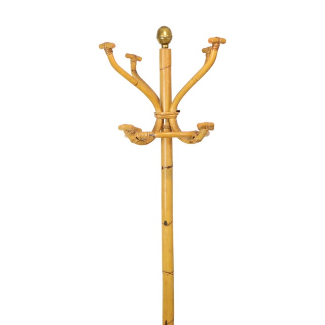 Boho Chic Large Standing Rattan Coat Rack in Brass, 1970s For Sale - Image 3 of 14