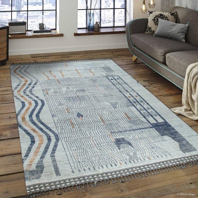 8x11 Ivory Hand-Knotted Wool Linear Maze Motif Tribal Modern Carpet Rug For Sale In New York - Image 6 of 7