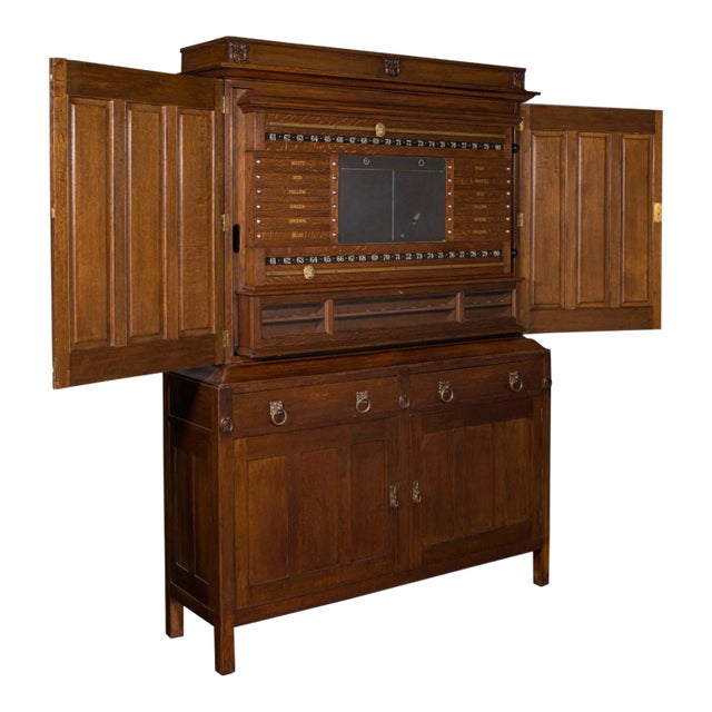 1910s Antique Edwardian English Oak Billiard Scoreboard Cabinet For Sale