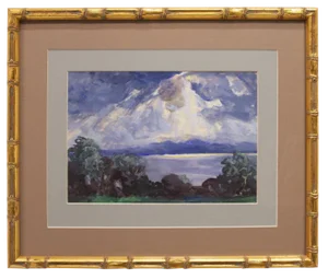 Cloudy Sunrise Watercolor by Frank Herrmann in Gold Faux Bamboo Frame