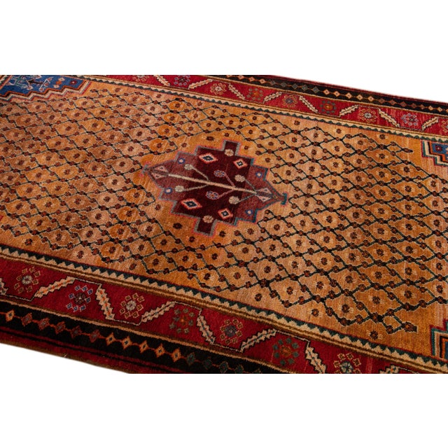 1960s Vintage Persian Hamadan Handmade Geometric Brown Wool Rug For Sale - Image 5 of 9