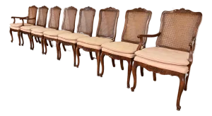 Baker Furniture Style French Provincial Louis XV Carved Walnut and Cane Back Dining Chairs, Set of Eight