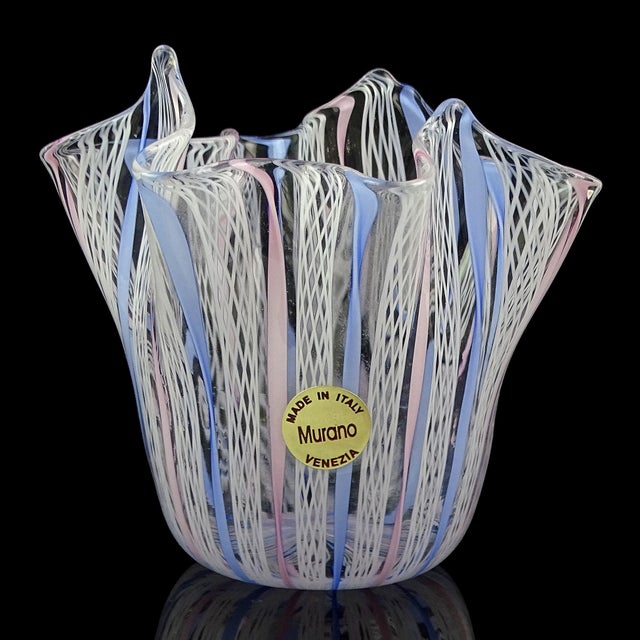 Beautiful Murano hand blown blue and pink pastel colors with white Italian art glass fazzoletto flower vase. The piece is...