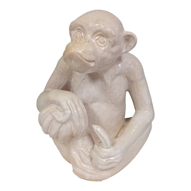 Large Vintage Italian White Glazed Pottery Chimpanzee Statuette For Sale