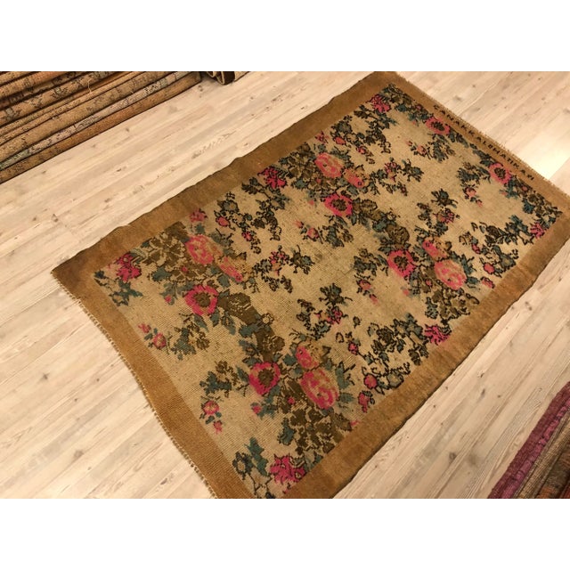 1960s Vintage Handmade Tan Wool Pink Floral Rug For Sale - Image 5 of 11