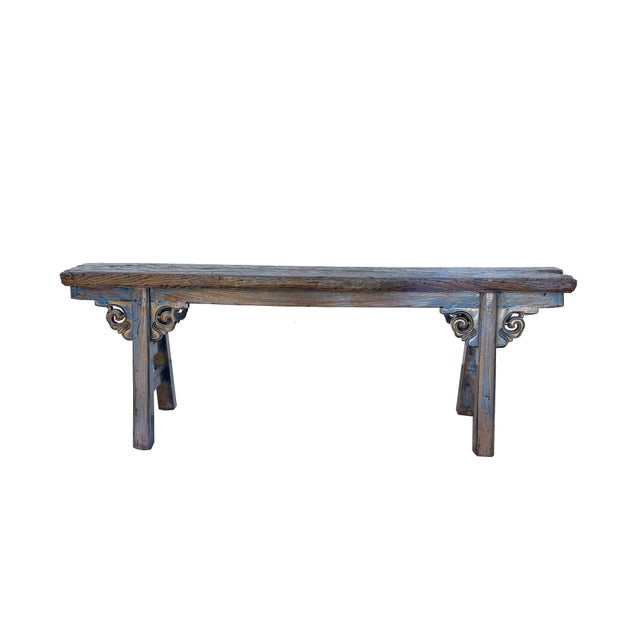 1960s Distressed Brown Light Blue Village Slim Narrow Scroll Apron Wood Bench For Sale - Image 5 of 7