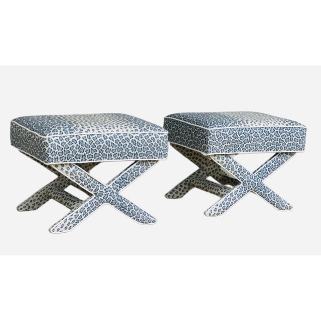 Pair Vintage Newly Upholstered Large X Benches in Colefax and Fowler For Sale - Image 16 of 18