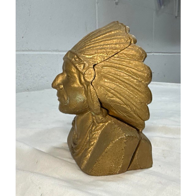 Metal Share Vintage Original Indian Head National Bank Chief Cast Iron Still Coin Bank For Sale - Image 7 of 9
