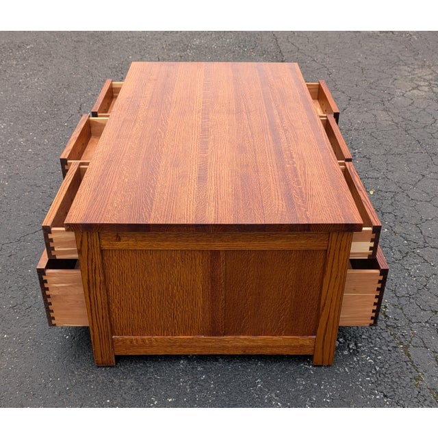 Brown Tiger Oak Mission Style Coffee Table With Cedar Lined Drawers For Sale - Image 8 of 17