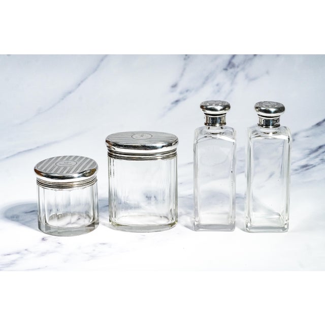 Traditional 1900s Edwardian Armorial Coat of Arms Antique Sterling Silver Engine Turned Vanity Dressing Table Grooming Brushes Bottles Jars For Sale - Image 3 of 18