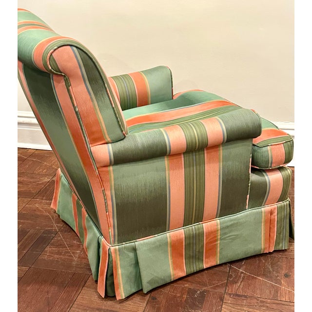 Green & Coral Striped Upholstered Club Chair, Palm Beach Style For Sale - Image 4 of 12