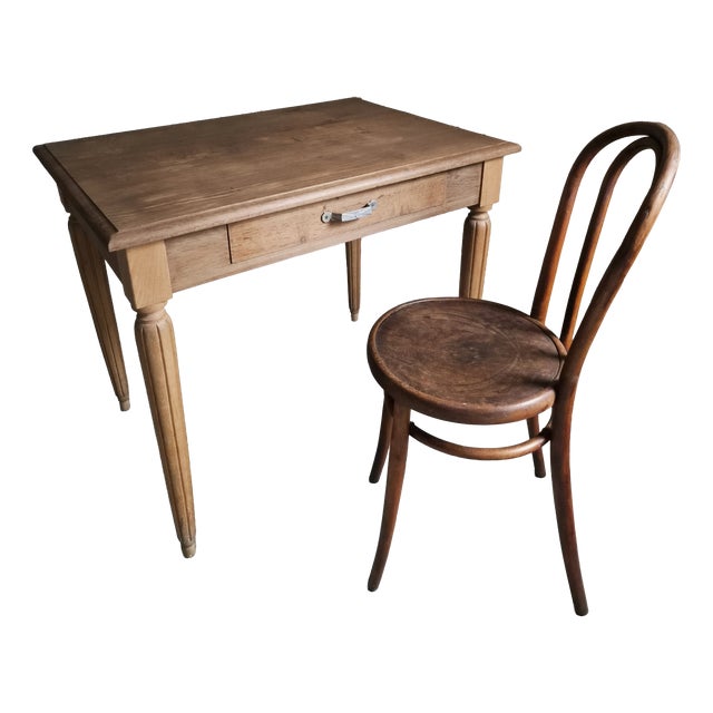 Vintage French Oak Desk and Bistro Chair in Beech, 1930, Set of 2 For Sale