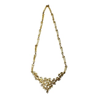 Vintage Gold Tone Necklace W/ Brilliant Faux Diamond Rhinestones For Sale