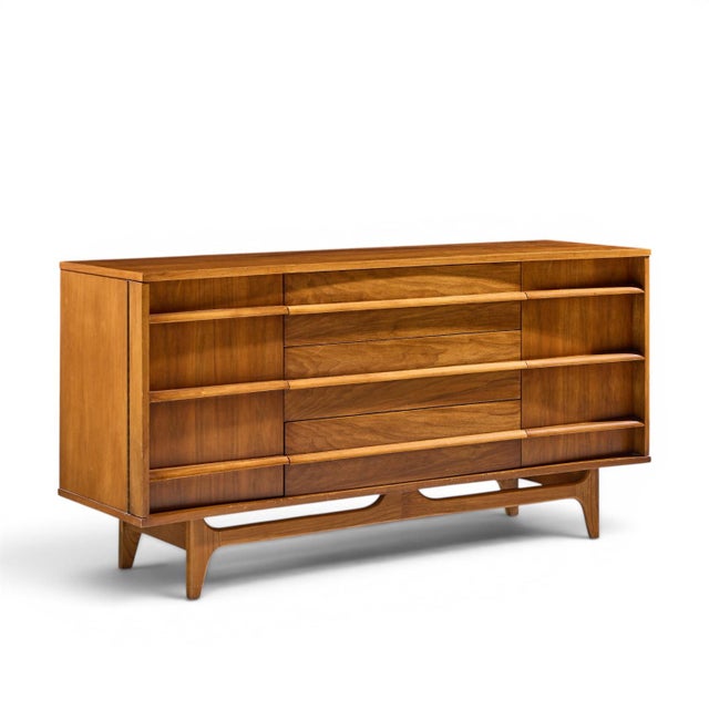 Young Manufacturing Mid Century Curved Walnut Credenza and Hutch The credenza measures: 64 wide x 19 deep x 32.25 inches...