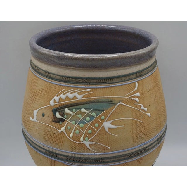 Arts & Crafts Studio Art Pottery Sgraffito Fish Vase Signed 11" Stoneware Slip Trail Celadon For Sale - Image 3 of 9