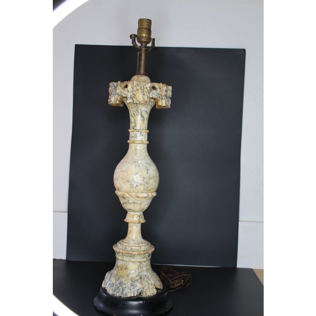 Beautiful intricately carved marble table or desk lamp with wood base. The marble is in a gorgeous gray and cream / white...
