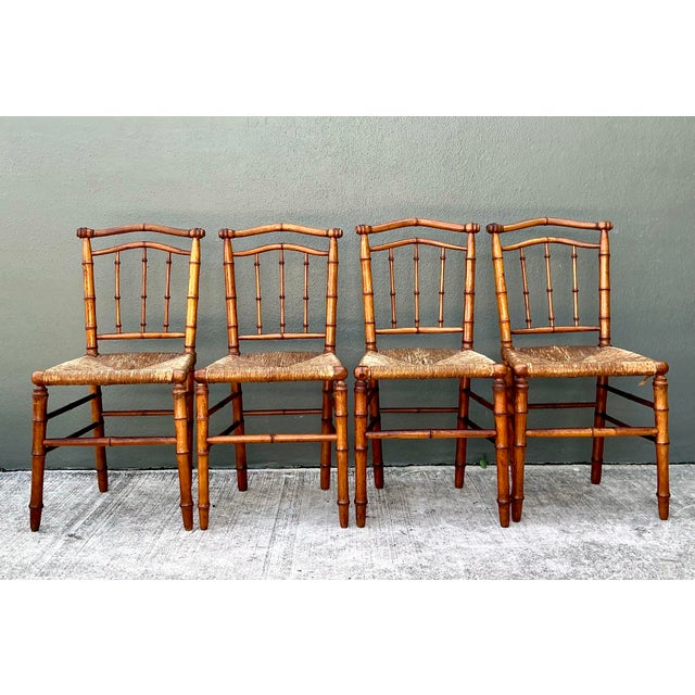 Vintage Bamboo-Style Wood and Cane Chairs - Set of 4 For Sale - Image 11 of 14