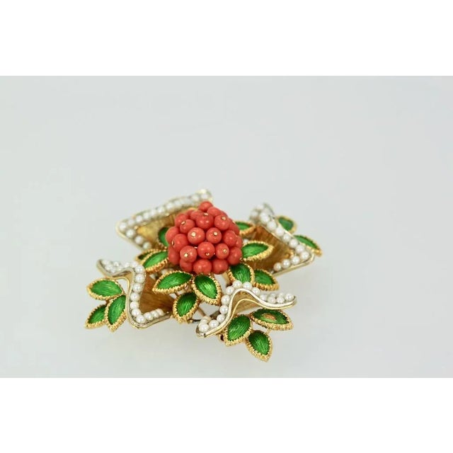 French Enamel, Pearl, Coral, Maltese Cross Flower Brooch Pendant For Sale In Los Angeles - Image 6 of 10