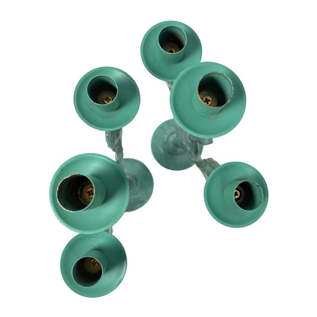 Vintage 1990s Pair of (2) Turquoise Prickly Pear Cactus Candelabras Metal Candle Stick Holders For Sale - Image 17 of 17