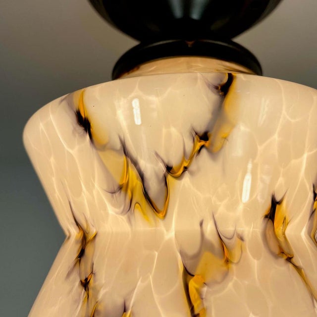 Metal Art Deco Pale Rose Marbled Opaline Glass and Burnished Flush Mount, Germany, 1930s For Sale - Image 7 of 18