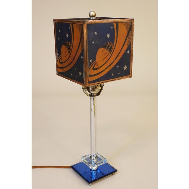 1930s Rarest Chicago 1933 Worlds Fair "Saturn" Logo Streamline Art Deco Chrome Cobalt Glass Table "Hall of Science" Lamp Sublime Condition! For Sale - Image 5 of 16