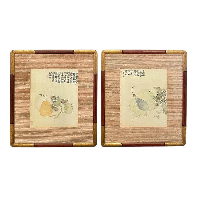 Vintage Chinese Watercolor Still Lifes Featuring Fruits and Text in Traditional Mandarin. Signed. Set of Two. For Sale