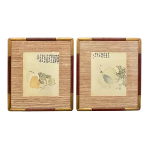 Vintage Chinese Watercolor Still Lifes Featuring Fruits and Text in Traditional Mandarin. Signed. Set of Two.