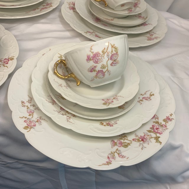 Ceramic Antique French Limoges Service for 4 “Spray of Pink Flowers” on White Porcelain - 20 PCS For Sale - Image 7 of 11